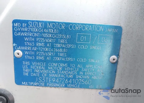 2006 Suzuki Grand Vitara Luxury z USA, uszkodzony, nr VIN JS3TE947264102560